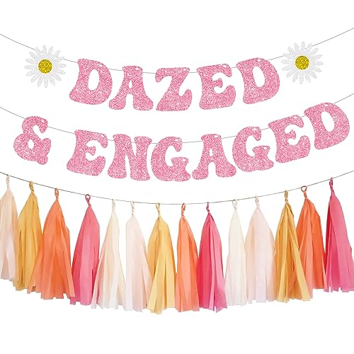 Dazed & Engaged Bachelorette Decorations Groovy Daisy Pink Dazed and Engaged Banner Paper Tassel Banner for Bridal Shower Engagement Wedding Hippie Party Supplies