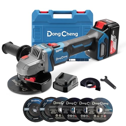 DongCheng Amoladora angular a batería 18V, Ø 125 mm, 1000W, Motor Sin Escobillas, 3 Velocidades, Bloqueo de Spindle Rápido, Mango Anti-Vibración, Incluye 6 Discos, Batería 4.0Ah & Cargador