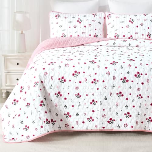 Elovbre Oversized King Quilt Set, 3-Piece Reversible Pink Floral Shabby Chic Cottagecore Bedspread Coverlet, Lightweight All-Season Comforter Bedding Set with 2 Pillow Shams