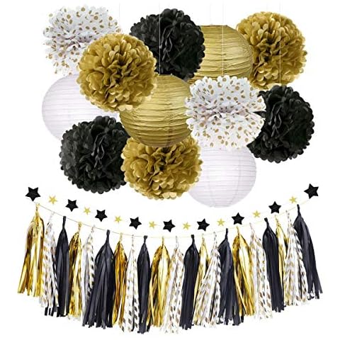 NICROLANDEE Black and Gold Party Decorations - 28pcs Black Gold Paper Tissue Pom Poms Flowers, Hanging Lanterns, and Star Garland Kit for Wedding, Birthday, Baby Shower, Graduation Decorations Cover