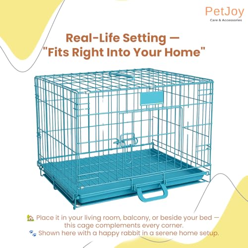 Image of PETJOY Foldable Metal Dog Cage | 24 Inch Dog Crate Kennel for Puppies, Medium Dogs, Cats & Rabbits | Double Door with Secure Lock, Removable Leak-Proof Tray | Portable & Easy to Clean Pet Cage (Blue)