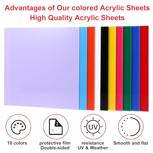 Image of 10Pcs Acrylic Sheets 1 /8 Thick, 8 x 8 in Colored Acrylic Sheets 3 mm for Laser Cutting, Opaque Acrylic Sheets Acrylic Panel with Protective Paper for Laser Engraving Material DIY Crafts
