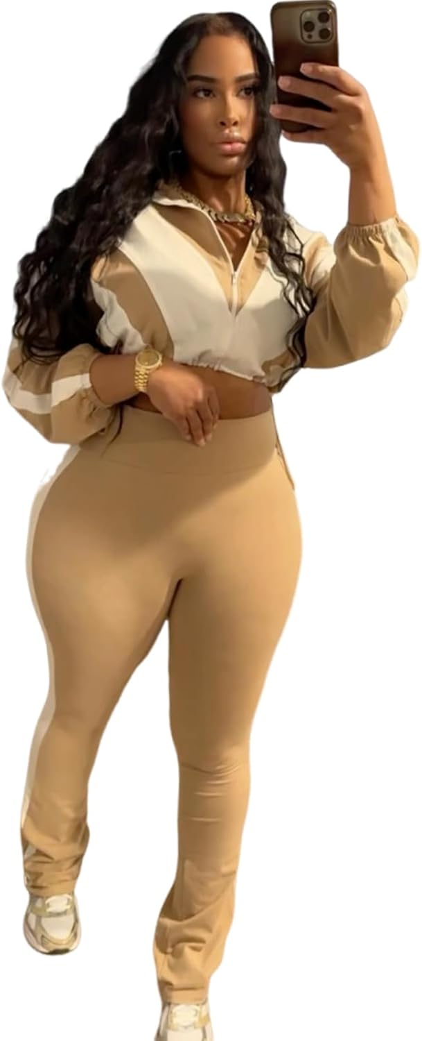 Womens Sweatsuits 2 Piece Set Contrast Color Long Sleeve Zip Up Cropped Jacket Leggings Pants Jogger Track Suits