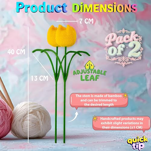 Image of Tulip Crochet Flowers | Handcrafted Artificial Faux Woolen Flower with Long Stem | Natural Looking Knitted Flower for Home, Living Room, Vase & Bouquet Decoration & Gifting | Yellow-2 Pcs