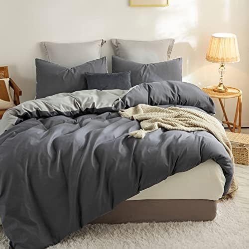Jyhoney 3pcs Gray Duvet Cover Set Queen Size Chambray Grey Reversible Sliver Gray Farmhouse Bedding Set Modern Solid Plain Soft Microfiber Comforter Quilt Covers for Men Women