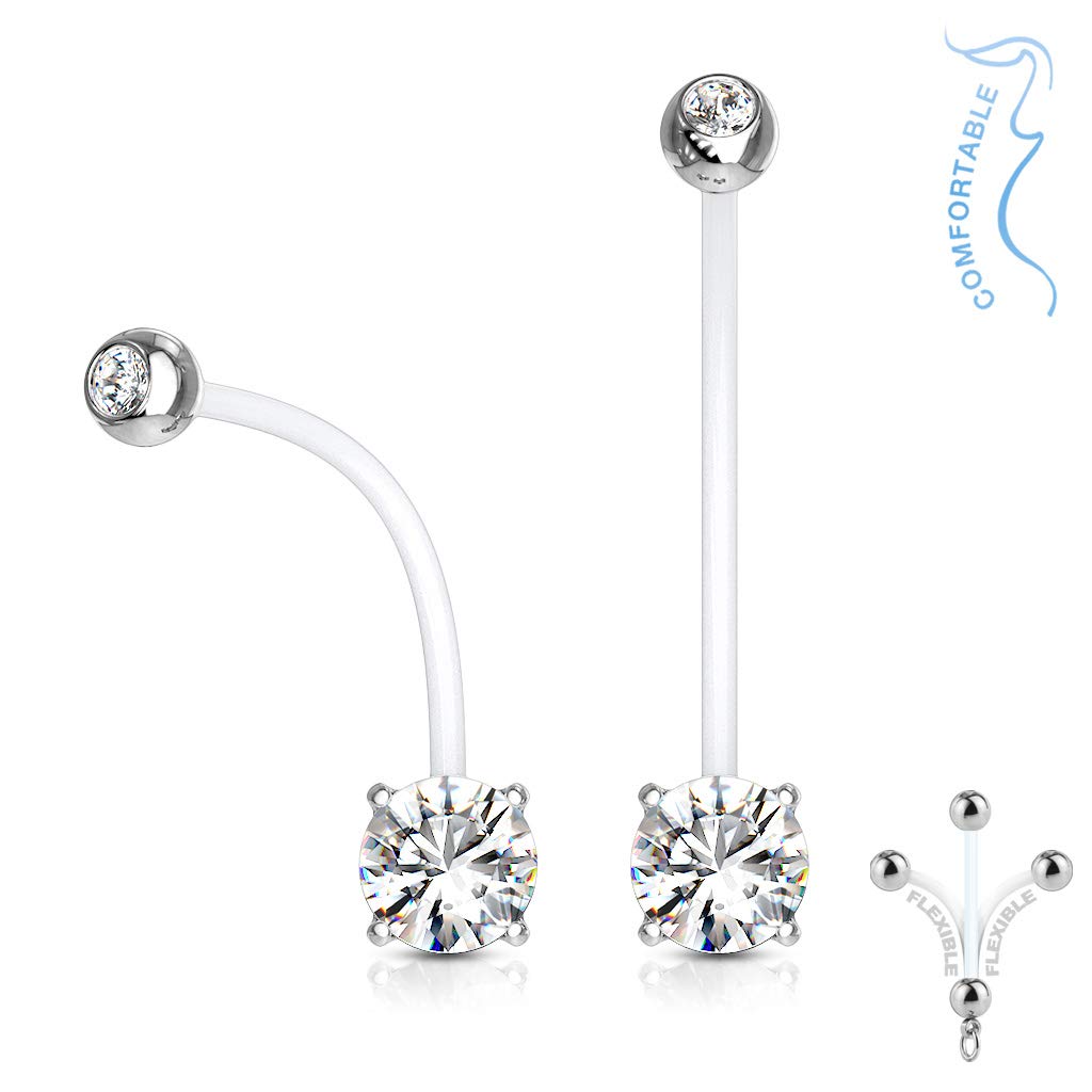 Marque : Lovepiercing Lovepiercing Piercing Nombril Grossesse Pierre Zirconium Bébé Maternité Longue Barre Acrylique Retainer Bioflex Elena Blanc in use