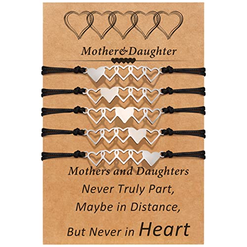 Image of Desimtion Mom and Daughter Bracelets for 2, 3, 4, 5, 6, Mother Daughter Matching Heart Bracelets - Birthday Gifts for Mom from Daughter