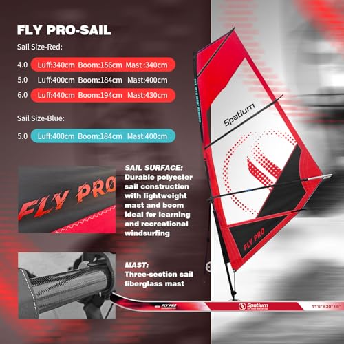 Spatium Inflatable Windsurf Board with Sail 6.0m² Windsurfing Board and Sail for Newbie Friendly Windsurfer Color Red - Thumbnail 3
