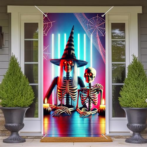 Image of BlissYard Halloween Door Cover Skeleton Witch Hat 35x71 Inch Polyester | Door Banner, Wall Decor | Skeleton Entry Accent, Witch Hat Backdrop | Porch, Hallway, Party (Spooky Art)
