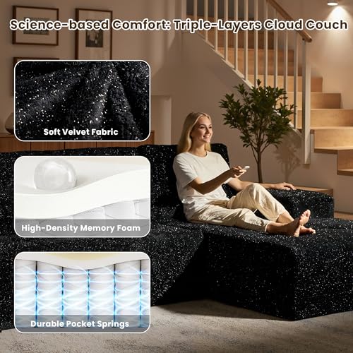 Image of 114 inch Glitter Cloud Sectional Couch with L-Shape Chaise, Modern Boneless Couches for Living Room, Fluffy Tufted Deep Seat Modular Sofa in a Box No Assembly