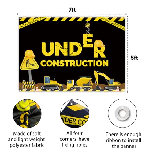 WHPCT Under Construction Theme Birthday Party Photography Backdrop,Baby Boys Indoor Outdoor Birthday Decor Banner Vinyl,Dump Truck Birthday Background Cake Table Boy Birthday Decorations.7x5ft