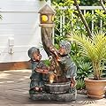 Autodaya 31" Resin Outdoor Water Fountain with LED Lights, Boy-Girl, Pagoda and Wood Barrel Garden Fountain, 3-Tier Cascading Waterfall for Tranquil Backyard, Patio or Porch, Faux Bronze Finish