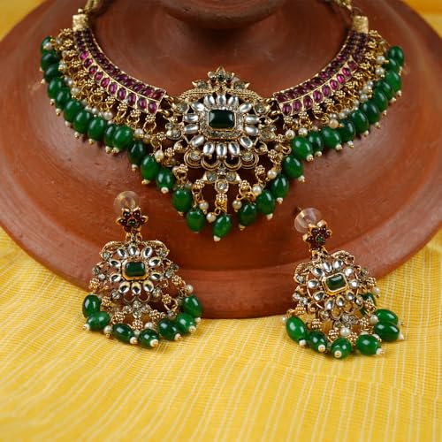 Image of Matte Finish Jewellery Set with Ruby stones and a pair of Earrings for women and girls /Fashion jewellery with multi coloured stones and green beads.