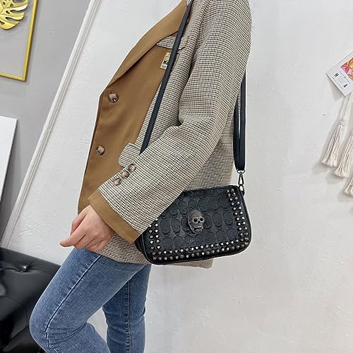 Small Women Classic Skull Crossbody Bag Vintage Gothic Clutch Purse Printing Shoulder Bag Rivets Handbag Black2