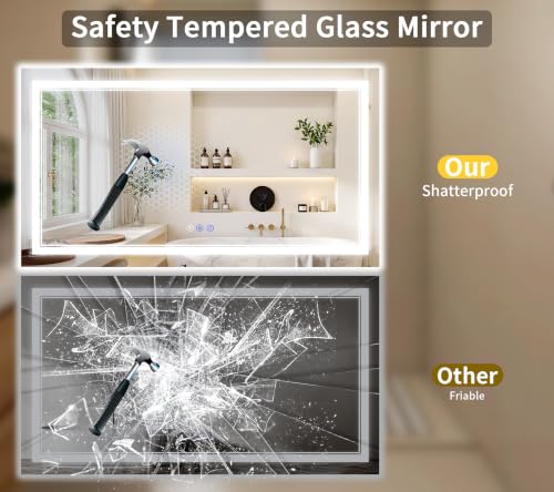 Image of 36 inchx55 inch LED Bathroom Mirror with Lights, Anti-Fog, Backlit + Front Lit, Dimmable, Led Vanity Mirror for Wall, Lighted Bathroom Mirror, 3 Colors, Shatter-Proof Tempered Glass