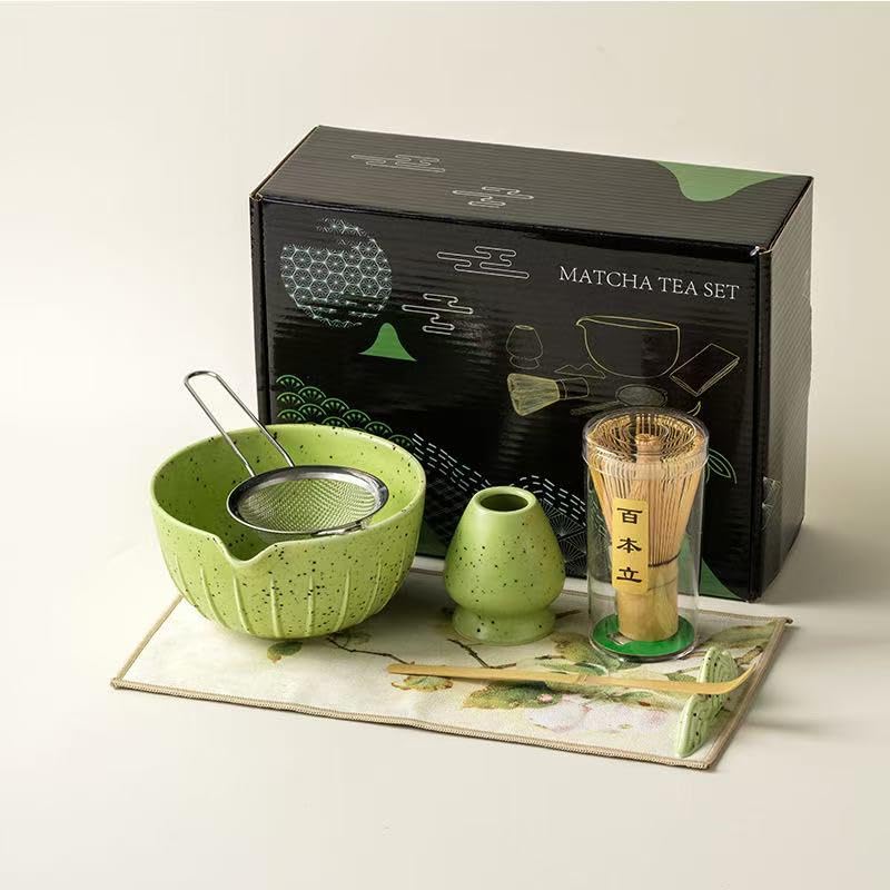 Matcha Set, Matcha Whisk and Holder, Bamboo Matcha Scoop and Stainless Steel Sifter - 7Pcs Gradient Green Matcha Kit for Matcha Lover