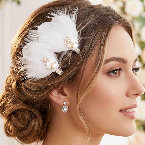 Set 2 Pinzas para Cabello con Plumas Blancas y Perlas miniatura 1