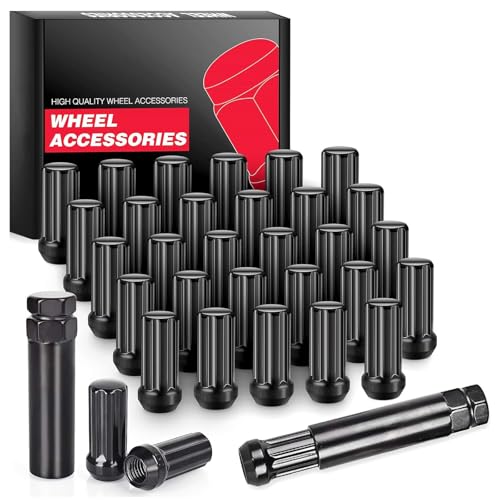 Image of 14mmx2 Lug Nuts Black, M14x2.0 Closed Spline Forged Tuner Lug Nuts, 2'' 50mm Tall Conical Seat 60 32 Pack + 2 Key Compatible for Ford F-350 Super Duty 1999-2004, Excursion 2000-2002