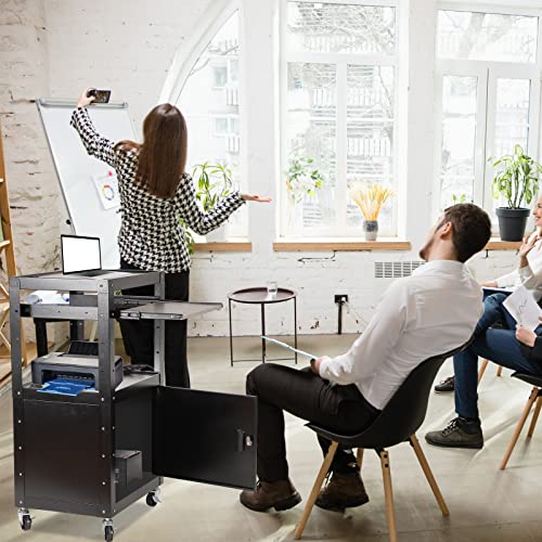 AV Cart, Rolling Presentation Cart Station, Height Adjustable Media Cart for Video Projector, TV, Printers, Computers with 1 Storage Locking Cabinet, 1 Sliding Keyboard Tray, 3 Outlets, 2 USB Ports