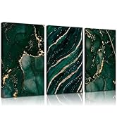 3Pcs Green and Gold Abstract Marble Wall Art Gold Foil Poster Emerald Green Dark Green Canvas Wal...