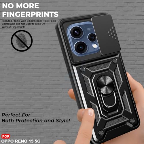 Image of AESTMO Tough Armor Oppo Reno 15 5G Bumper Back Case Cover | Ring Holder & Sliding Camera Shield Cover | 360 Degree Protection Back Case Cover for Oppo Reno 15 5G (Black)