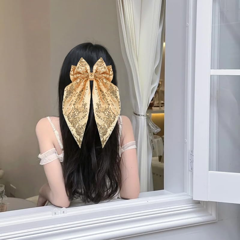Gold Glitter Hair Bow Clip for Women Girls Big Christmas Bow Hair Clips Gold Cosplay Christmas Hair Accessories for Girls Women Sparkly Long Tail Hair Bow Clips Cute Christmas Hair Bow Barrette Bling - Image 6