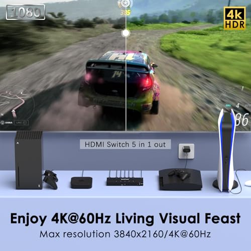Image of 4K@60Hz 5 in 1 Out HDMI Switch, 5 Port HDMI Switcher Selector Support HDR10 & HDCP 2.2 & Full 3D with IR Remote Control Compitable with Nintendo Switch,Xbox PS5 /4,Fire Stick,Roku,Apple TV for Gaming