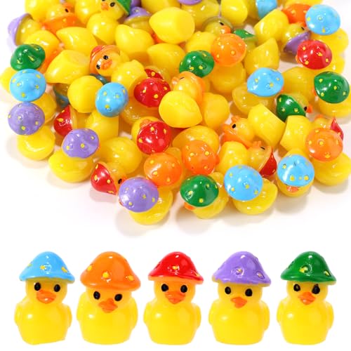 Lyreh 80 Pièces Mini Canards en Résine, 5 Couleurs Style Champignon Canards Printaniers en Résine pour Loisirs Créatifs Jardin de Fées Maison de Poupée...