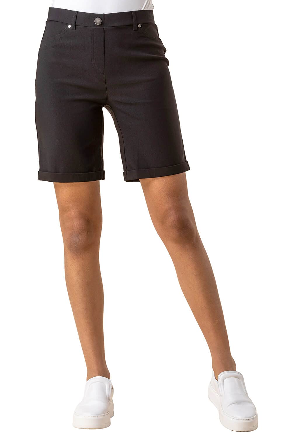 Roman Originals Women's Black Roman Stretch Shorts For Uk Pull On Turned Hem Cut Off Bengaline Mom Boyfriend Boy Denim Casual Cropped Pants Capri Slim Fit Turn Up Summer Crops Mother - Size 12
