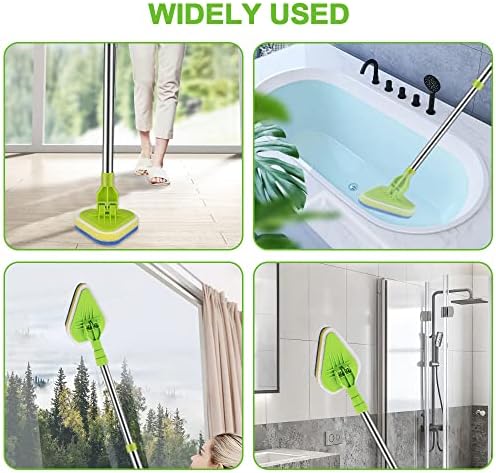 long handled scrubbing Cleaning brush,2 in 1 Tub and Tile Extendable Floor shower Sponge Brush for Kitchen Bathroom Tile Windows, Contains 1 Stiff Brush &3 Sponge Brush