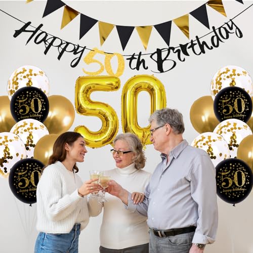 Image of Jobkoo 50th Birthday Decorations Men, 50th Birthday Black Gold Latex Balloons Black Happy 50th Banners 50 Cake Toppers 50 Balloon for Him Women 50 Year Old Party Decoration