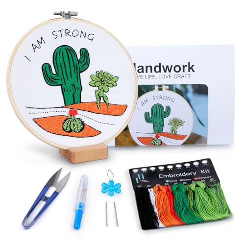 Image of BERYA Funny Cactus Embroidery Kit with Embroidery Hoop, Easy Embroidery Kit for Beginners, Include Instructions, Display Stand, Printed Cloth, Threads and Tools - with Video Tutorials (BEC004)