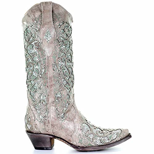BBOOY Western-Cowboystiefel mit weiten Waden, modische Spitze Zehe mit klobigem Absatz, Strass-Stiefel mit halber Wade, Winter-Slip-on-Westernstiefel mit bestickter Spitze,Light Green,43 Cover