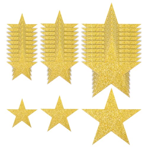 90 Stück Groß Goldene Sterne Papier Glitzernde Stern Ausschnitte Deko Sterne Gold zum Aufhängen Glitzer Star Cutouts Sternausschnitten Papiersterne für Klassenzimmer Board Akzente Wand Party Deko