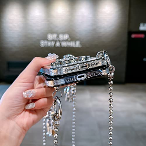 Doiodu Electroplated For Iphone 14 Pro Max 6.7" Quicksand Case With Metal Lanyard Bell Pendant And Bear Doll,Clear Glitter Sparkly Bear Slim Shockproof Full Body Protecive Case With Camera Protector #TOP2