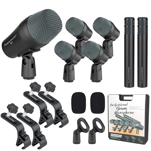 happymusic M7 Wired Drum Microphone Kit,7-Piece Full Metal Dynamic Mic-Kick Bass Snare and Cymbals,Use for Drums Vocal Other Instrument Complete with Thread Clip Inserts Mics Holders,Carrying Case