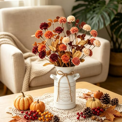 Image of Fall Thanksgiving Table Decorations, Farmhouse Centerpieces for Tables | Fall Thanksgiving Table Centerpieces Decor for Home Dining Table with Artificial Ball Chrysanthemums, Vintage Metal Vase