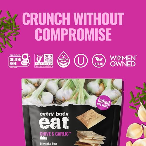 Image of Every Body Eat Gluten Free Crackers, Chive & Garlic - Garlic Crackers, Healthy Vegan Snacks, Dairy Free, Seed Oil Free Snack Crackers (Pack of 2), 4 oz Bags