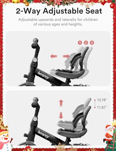 besrey 5 in 1 Toddler Bike with Parent Steering Push Handle for 1-3 Years Old Girls and Boys, Foldable Kids Push Tricycle, Toddler Trike with Removable Pedals, Height Adjustable Seat (Black) - Thumbnail 5