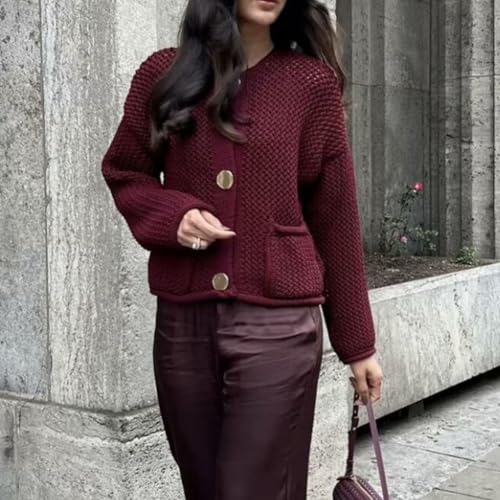 Image of Chevara Women's Cropped Cardigan Sweater Long Sleeve Crewneck Button Down Knit Sweater with Pockets(0128-WineRed-S-CW)