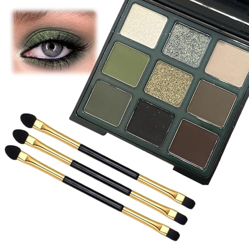 Green Smokey Eyeshadow Palette 9 Shades Matte & Shimmer Green Eyeshadow Waterproof Long-Lasting Eye Shadows with Dual-Ended Brush Beginner-Friendly for Daily Party Festival Makeup