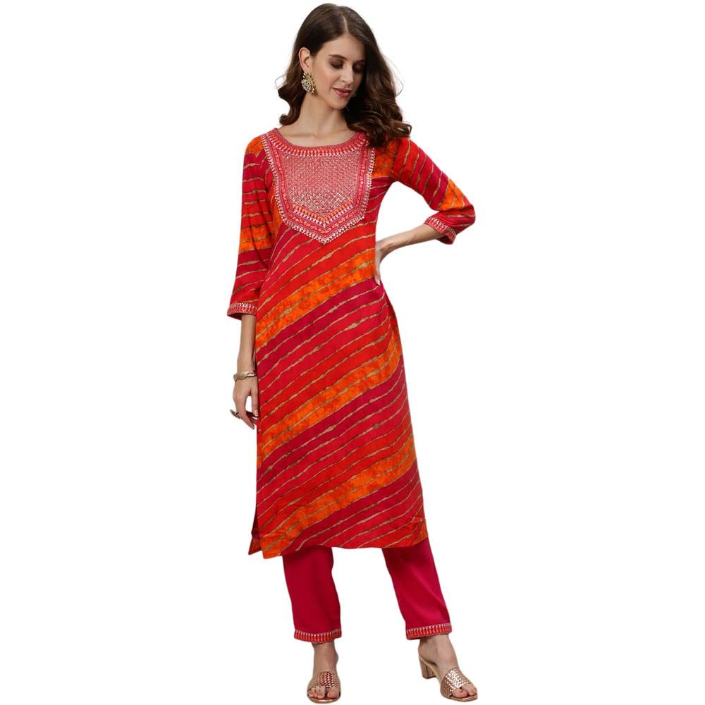 anubhutee Women's Rayon Leheriya Yoke Design Regular Kurta with Trousers