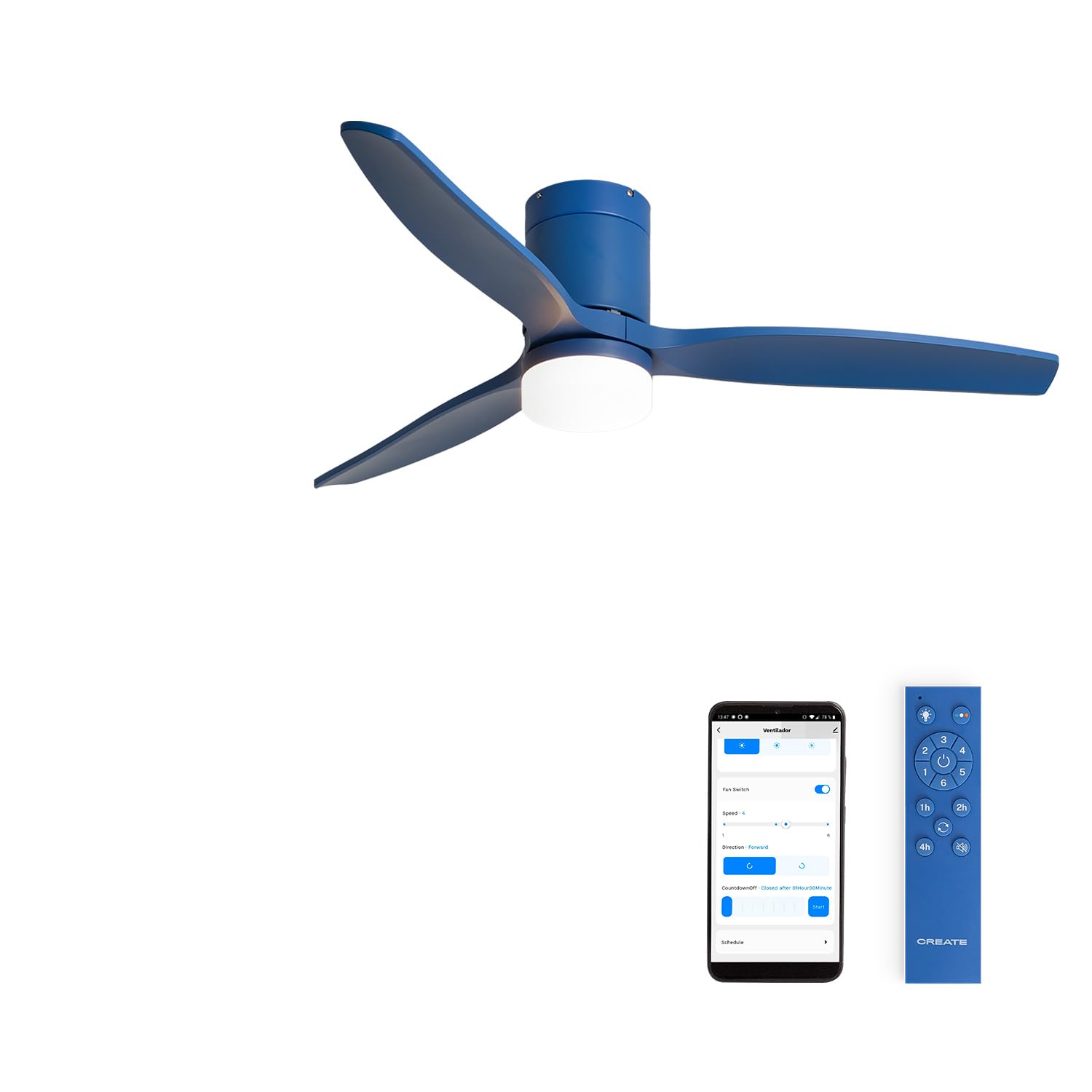 CREATE / WINDCALM M/Ventilador de techo ABS con luz azul cobalto con Wifi y mando / 40W, Silencioso, Ø132 cm, 6 velocidades, 3 temperaturas de luz, temporizador, función verano-invierno
