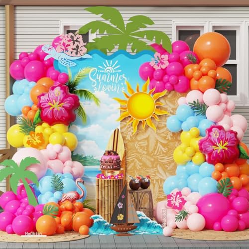152Pcs Moana Birthday Party Decorations Hot Pink Orange Macaron Pink Blue Balloons Garland Arch with Hibiscus Foil Balloon for Summer Tropical Luau Hawaii Magic Party Supplies