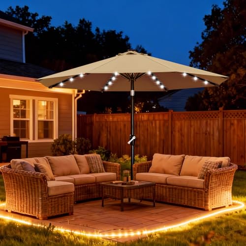Image of ABCCANOPY Durable Solar Led Patio Umbrellas with 32LED Lights 9FT (Tan)