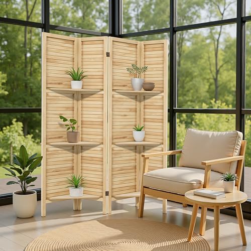 Osparple Room Divider with Shelves 4 Panel Wooden Folding Room Dividers Privacy Screen Wall Divider for Room Separation for Office and Apartment, Natural