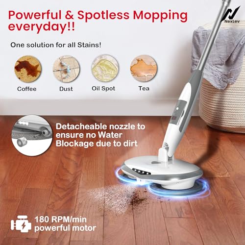 Image of NexLev Cordless Spin Mop|50 Min Runtime|2 Extra Mop Pads | Type C | For Home Kitchen & Office Use | Water Spray Function|Self Propelling|Mopping for All Floor Types|LED for Corners and Underbed|SPM-01