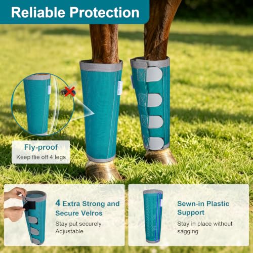 Image of Reflective Horse Fly Boots Set of 4, Loose Fitting Leggings for Horses, Equine Fly Leg Wraps Socks for 4 Legs, Breathable Adjustable and Universal Fit, Reliable Stay Put and on (Turquoise)