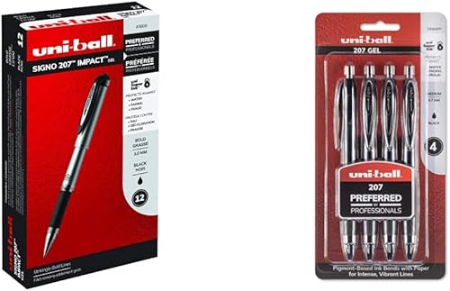 uni-ball 207 bolígrafos de gel de impacto de punta gruesa, 0.039 pulgadas, negro, paquete de 12 y bolígrafos de gel uniball, 207 signo gel con punta