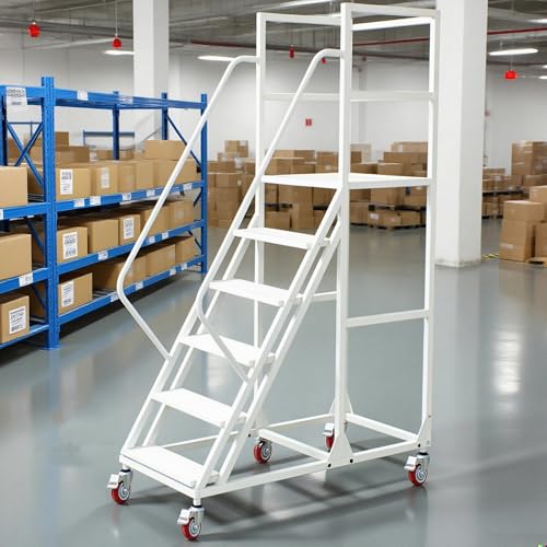 Image of 6 Step Rolling Ladder - Mobile Rolling Stairs with Wheels, Heavy Duty Industrial Safety Non-Slip Metal Rolling Ladders, 1100lbs Capacity, for Warehouse, Garage, Supermarket